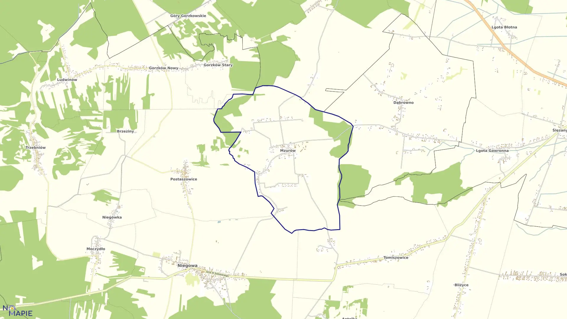 Mapa obrębu Mzurów w gminie Niegowa