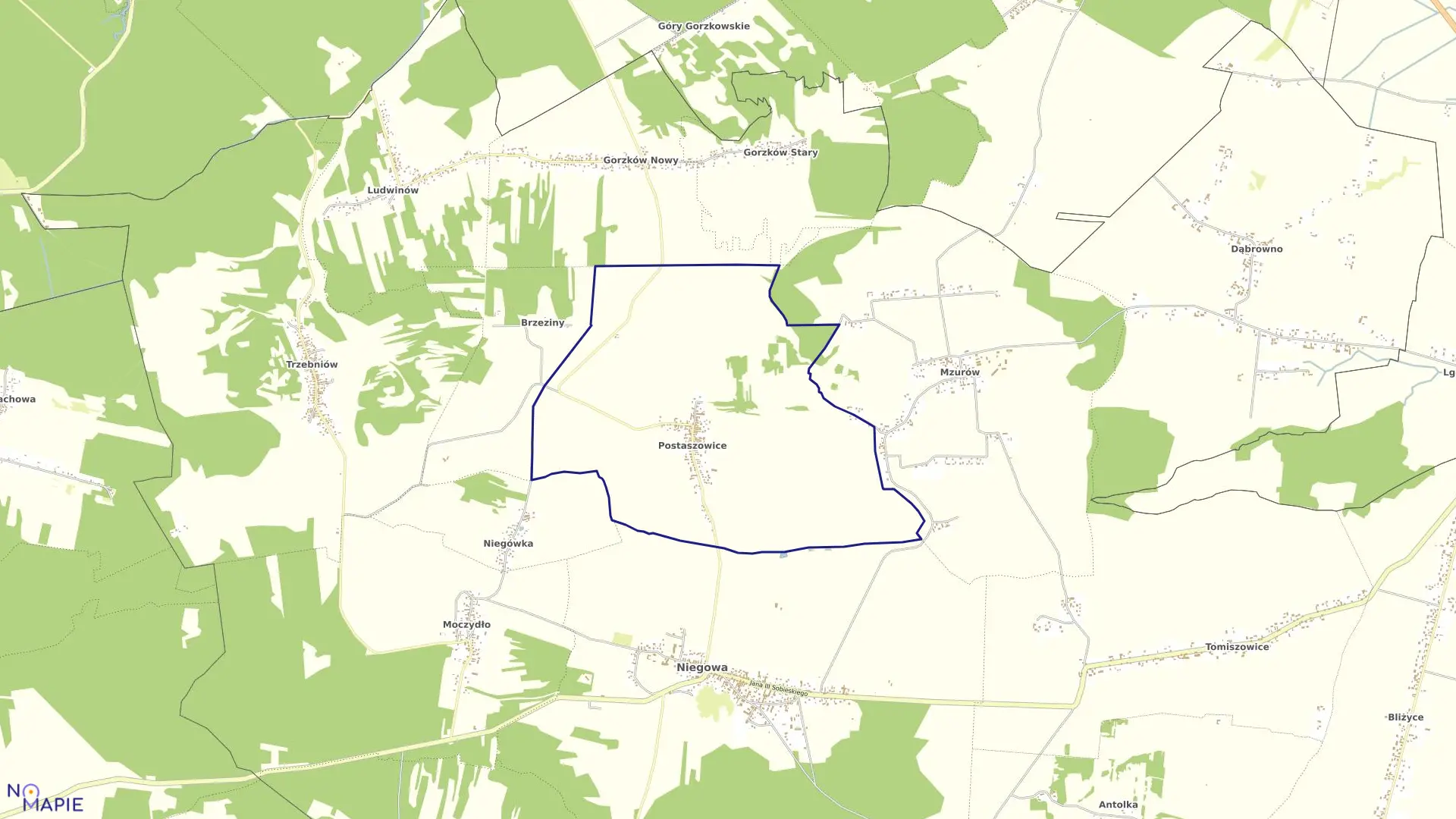 Mapa obrębu Postaszowice w gminie Niegowa